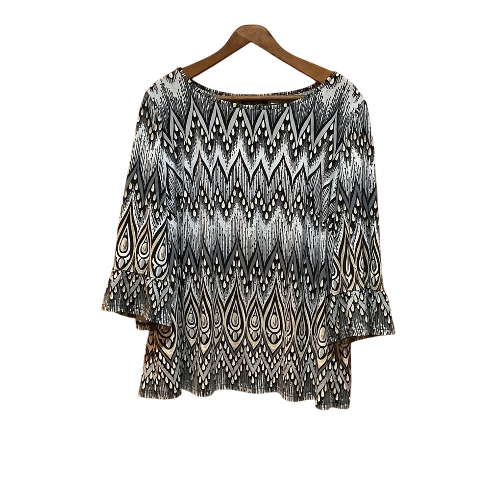 Bob Mackie Top Womens 1X Peacock Geometric Print‎ Gray Black Stretch Art to Wear